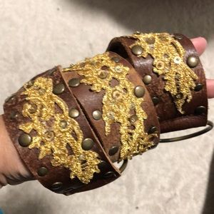 M Betsy Johnson Belt Brown Leather Studs Embellished Gold Lace Garb